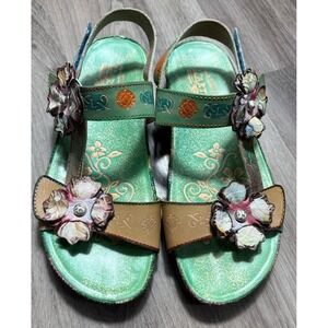 Spring Step L'Artiste Erica Sandals Mint Floral Flats Size 38 Gypsy Bohemian Art